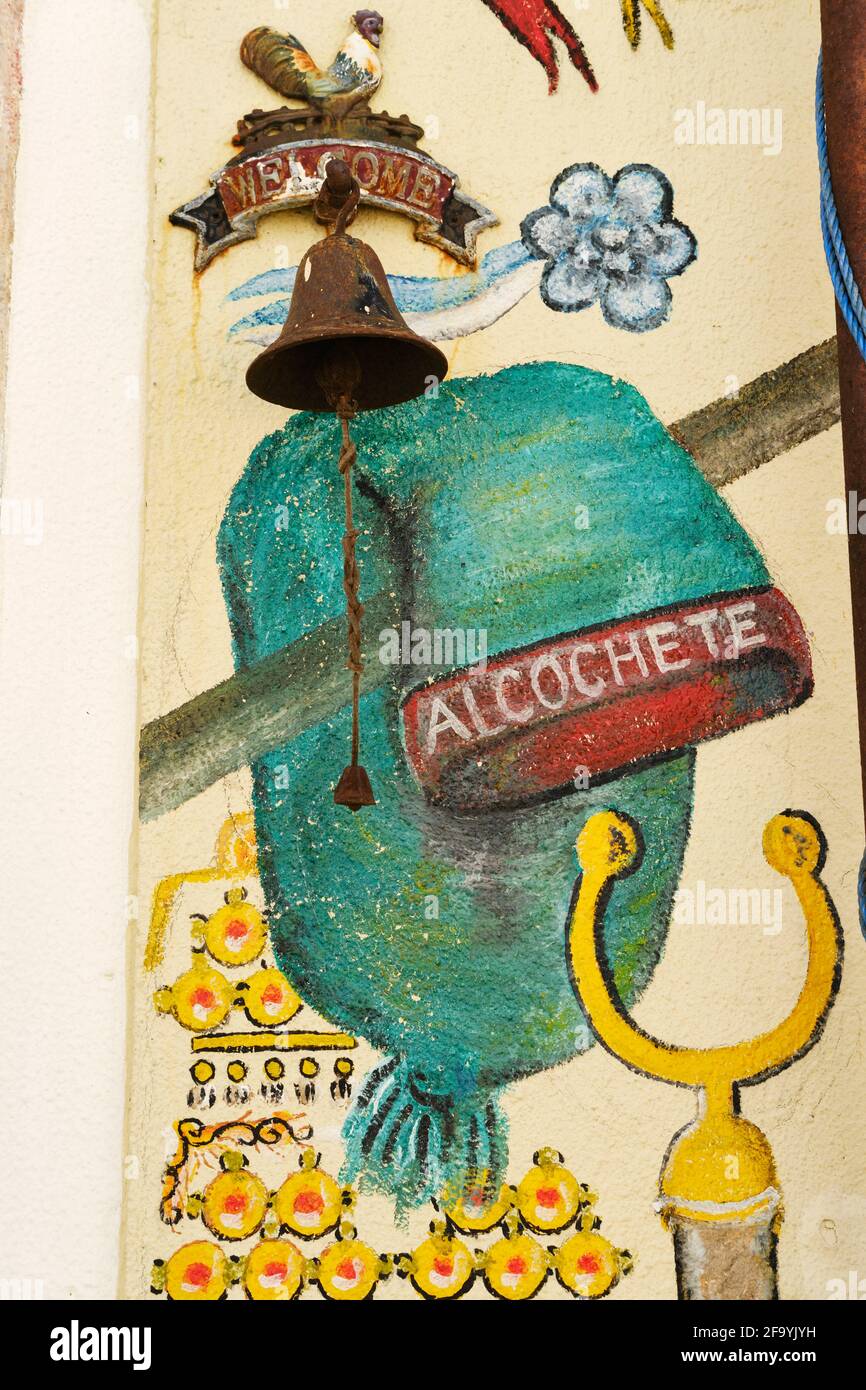 Wall painting referring to the popular festivities of the village. Feasts of the Green Cap (Barrete Verde) and Salt Pans. Alcochete. Portugal Stock Photo
