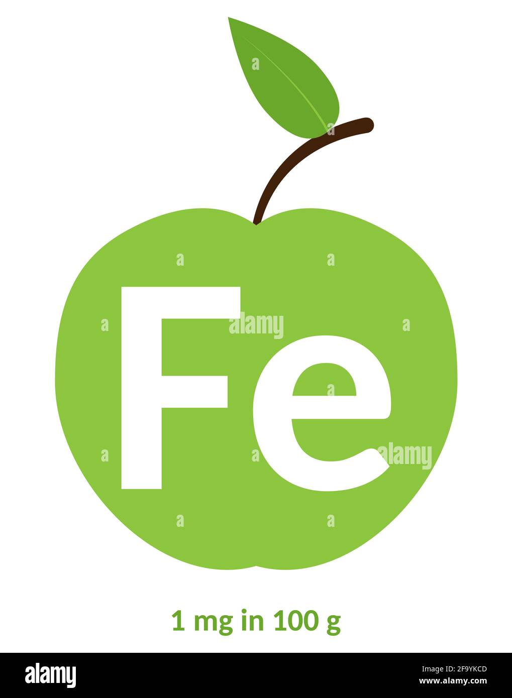 Source of iron green apple with leaf isolated on white. Ferrum in fresh fruits vector concept illustration. Stock Vector