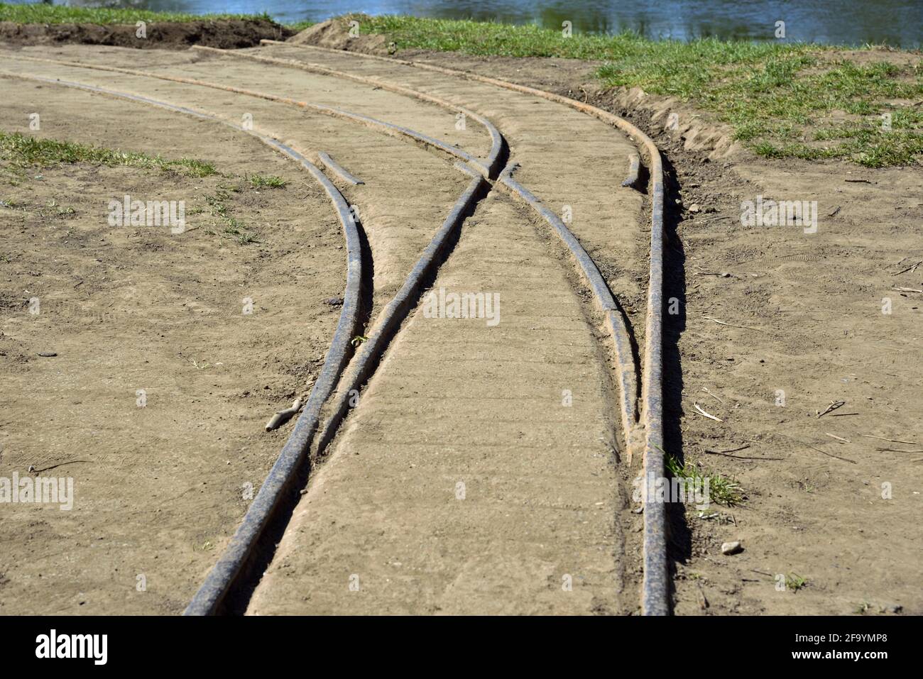 Military Narrow Gauge Railway Points, New Walk next to the river Ouse, York, North Yorkshire Stock Photo
