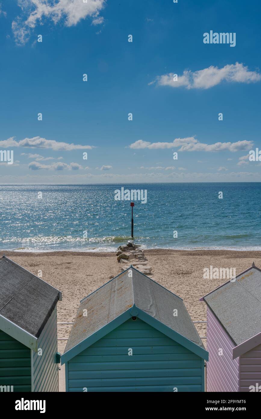 Beach hut view, Avon Beach, Dorset Stock Photo Alamy