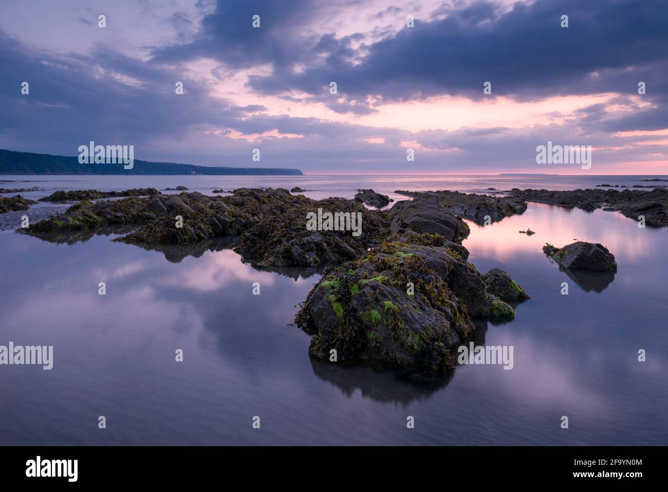 Peppercombe beach at dusk on the North Devon coast with Hartland point in the distance, England. Stock Photo