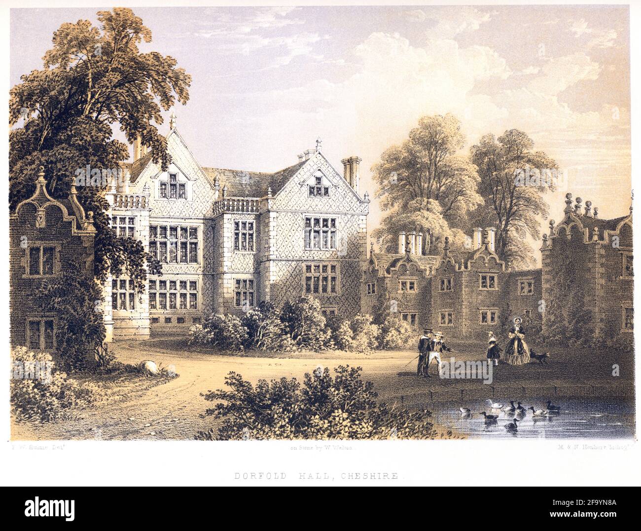 A lithotint of Dorfold Hall, Cheshire scanned at high resolution from a book printed in 1858. Believed copyright free. Stock Photo