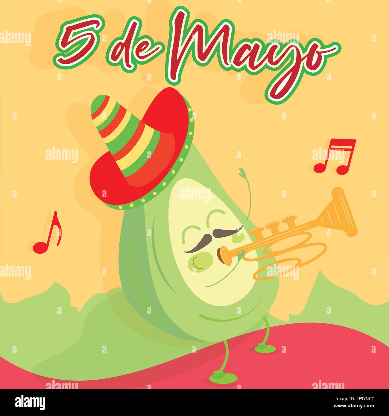 Cartoon of a mexican trumpeter avocado. cinco de mayo poster - Vector Stock Vector