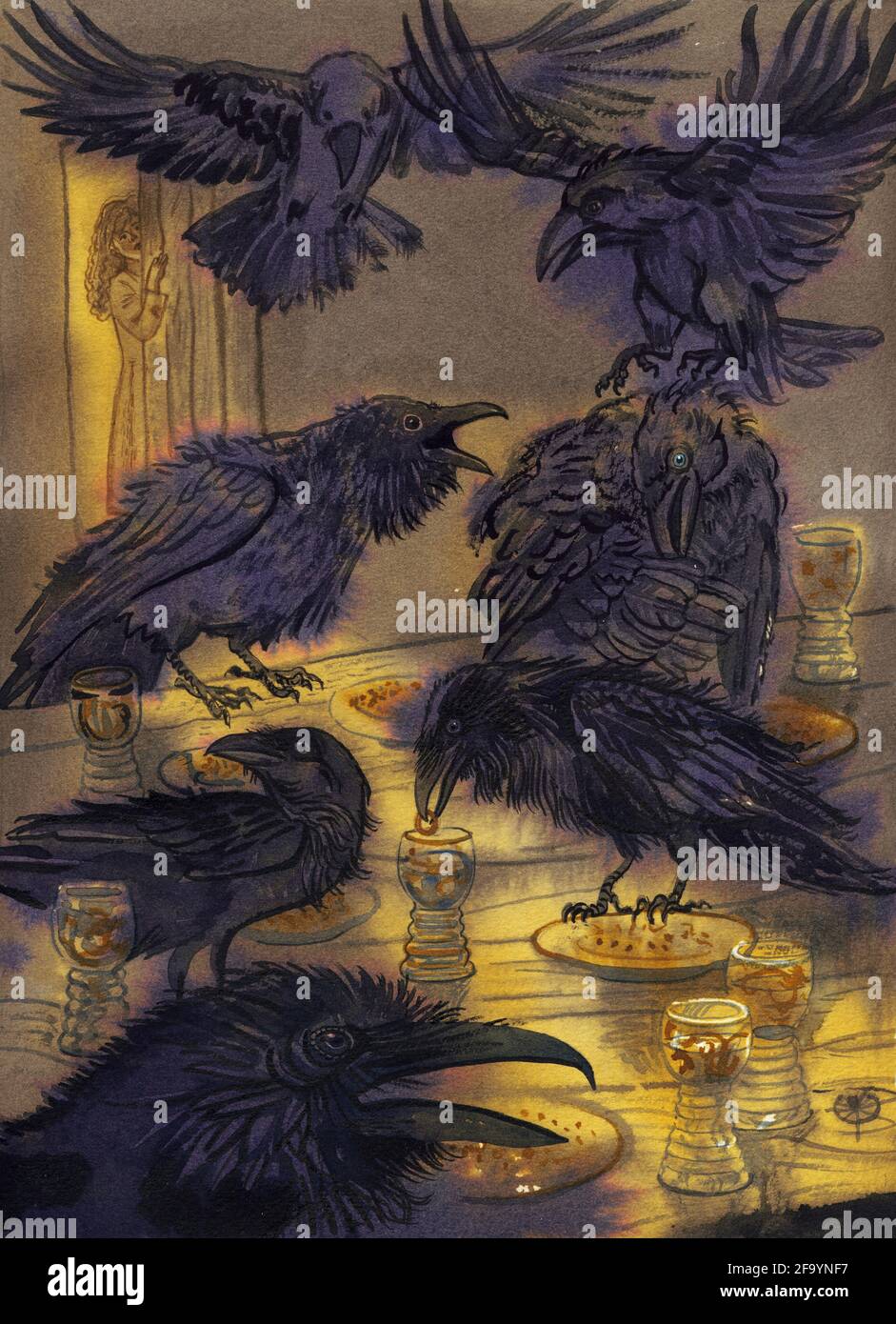 Watercolor illustration for The Seven Ravens Brothers Grimm fairy tale. Dark birds flying over a table with glasses and plates in golden lit room. Fan Stock Photo