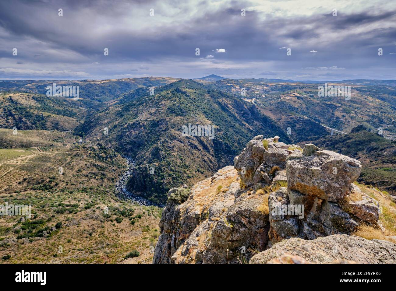 The high plateau where is the castle of Algoso overlooking the Angueira river. Tras os Montes, Portugal Stock Photo