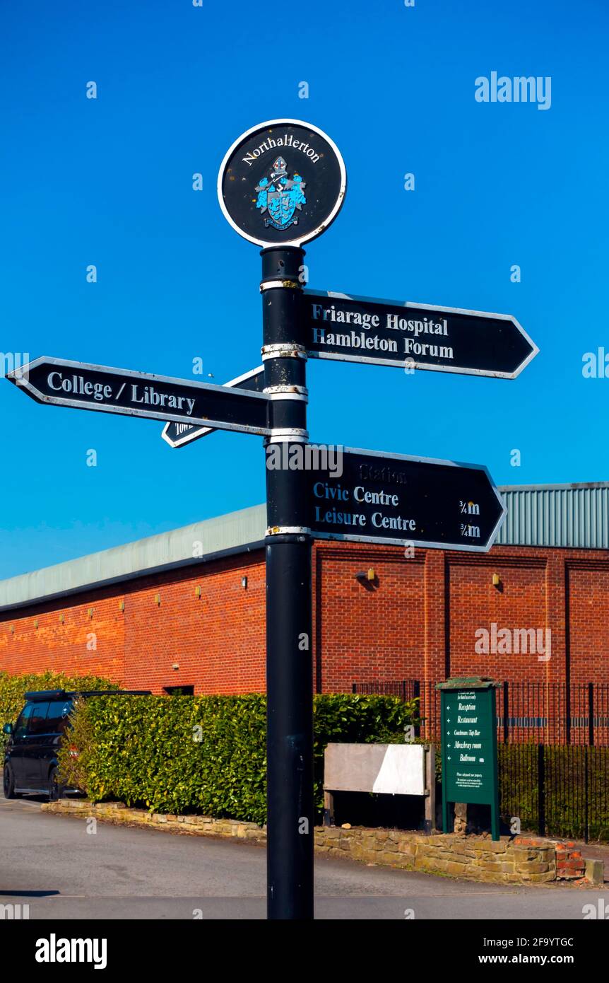 A signpost near the Treadmills in Northallerton North Yorkshire  showing directions to various attractions Stock Photo