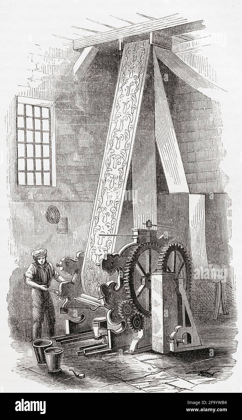 Cylinder-printing a repeating pattern onto a roll of calico cloth.  From The History of Progress in Great Britain, published 1866. Stock Photo