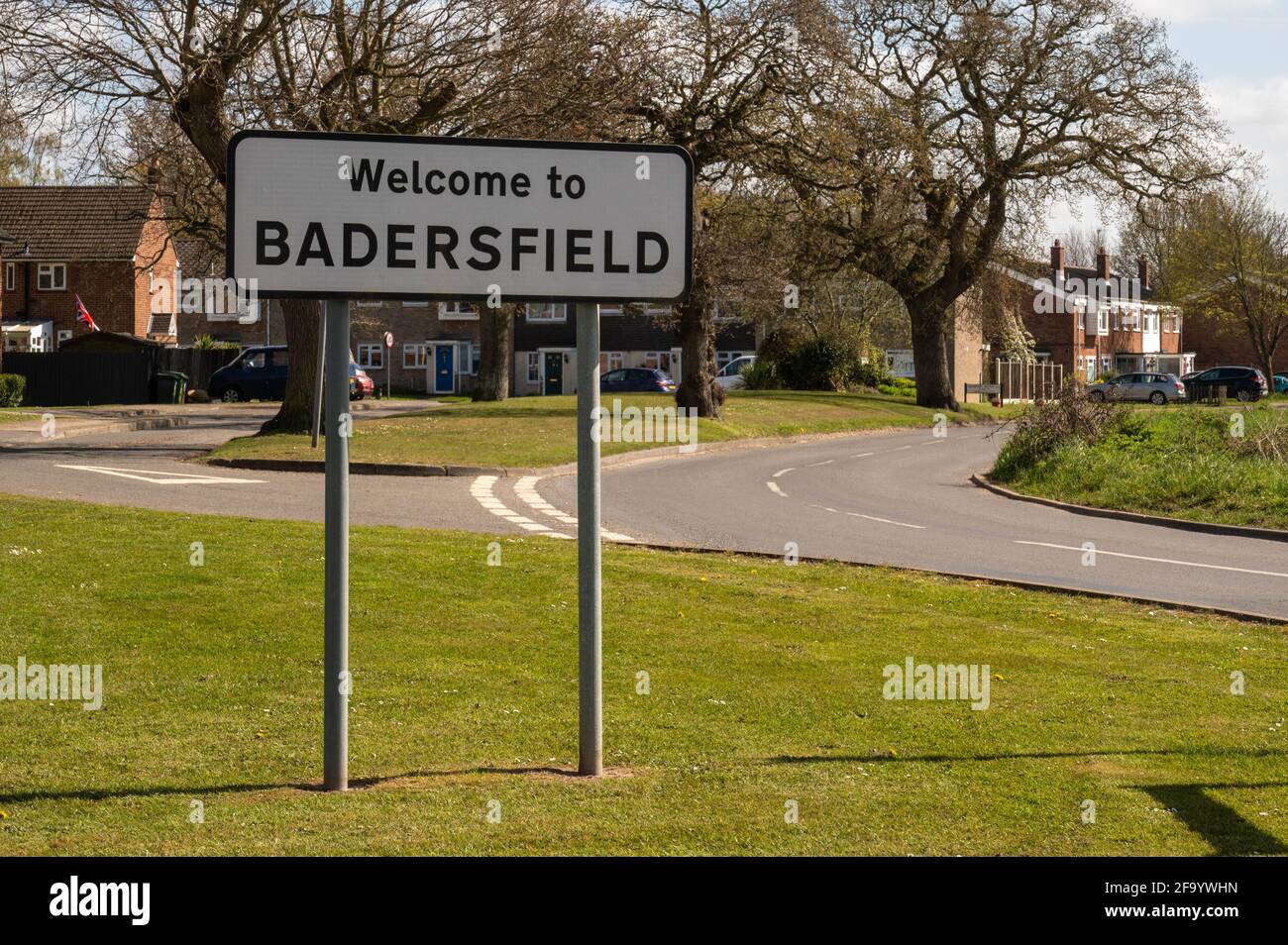 Welcome to Baderfield Sign named after the World War Two  hero Douglas Bader on a grass verge Stock Photo