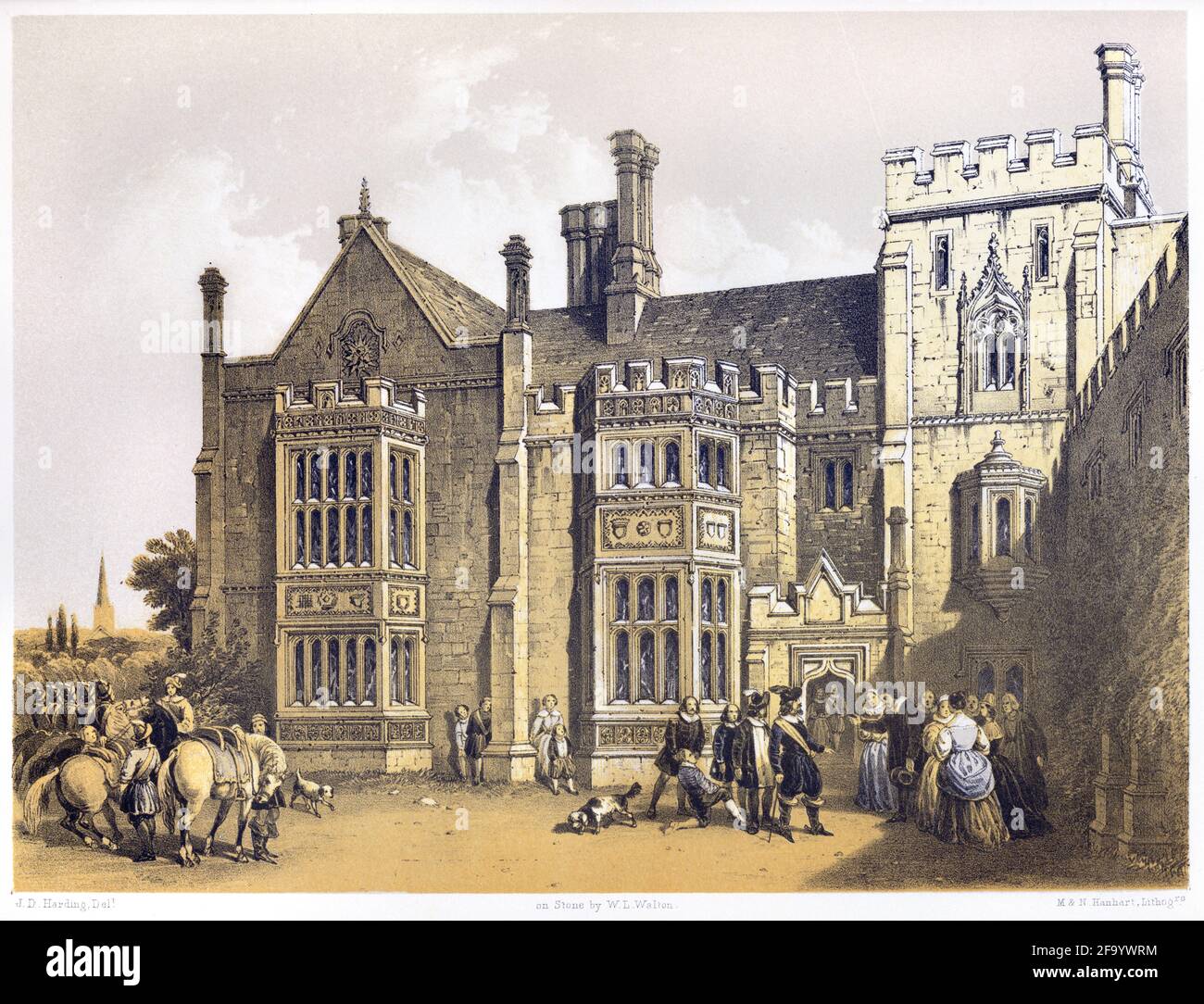 A lithotint of Hinchinbrook (Hinchingbrooke) House, Huntingdonshire (now Cambridgeshire) UK scanned at high resolution from a book printed in 1858. Stock Photo