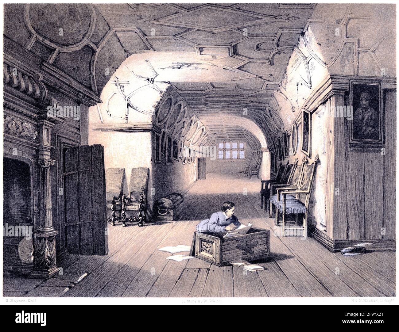 A lithotint of The Retainers Gallery, Knole House, Kent UK scanned at high resolution from a book printed in 1858. Believed copyright free. Stock Photo