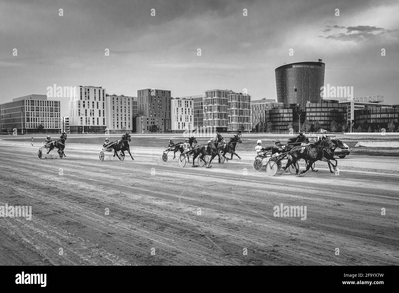 Horse race (black & white), Krieau, Vienna, Austria Stock Photo