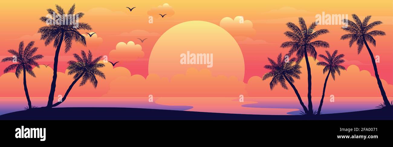 Realistic sea sunset on the background of palm trees - Vector ...