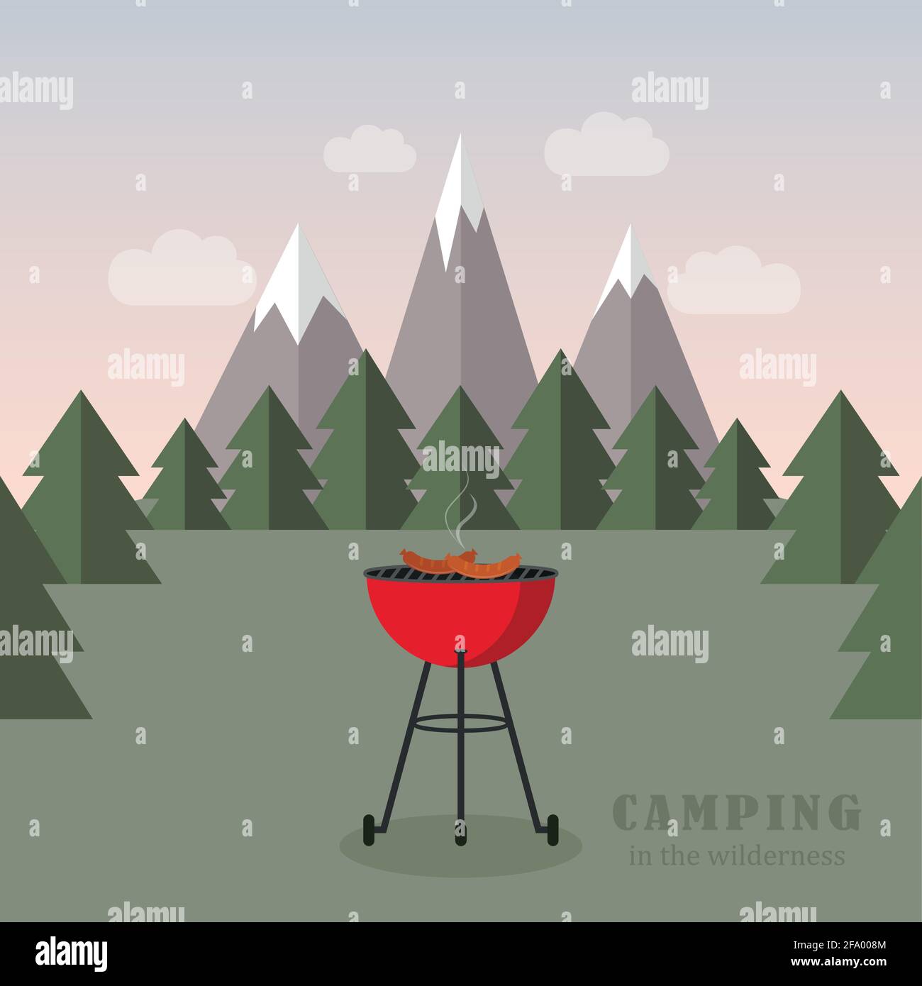 camping adventure in the wilderness with kettle grill bbq Stock Vector