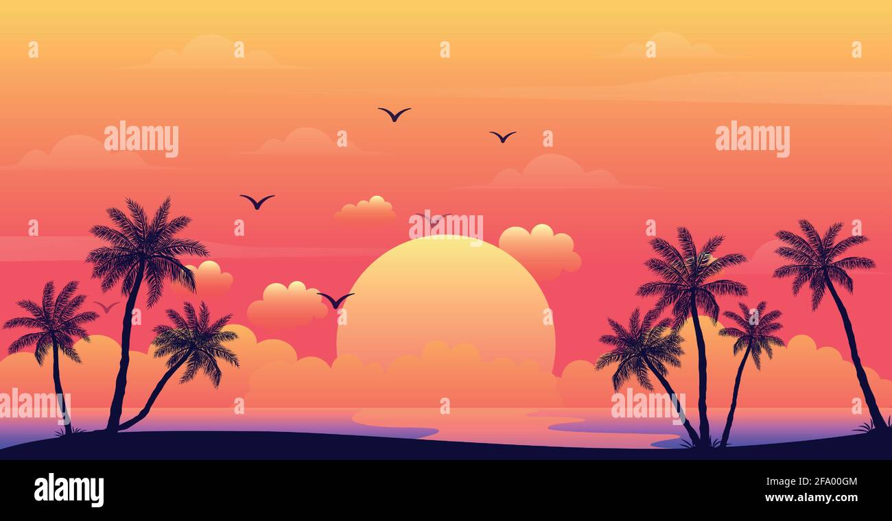 Realistic sea sunset on the background of palm trees - Vector ...