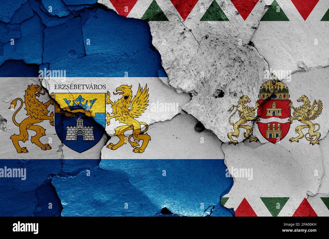 flags of District VII. (Erzsebetvaros) and Budapest painted on cracked wall Stock Photo