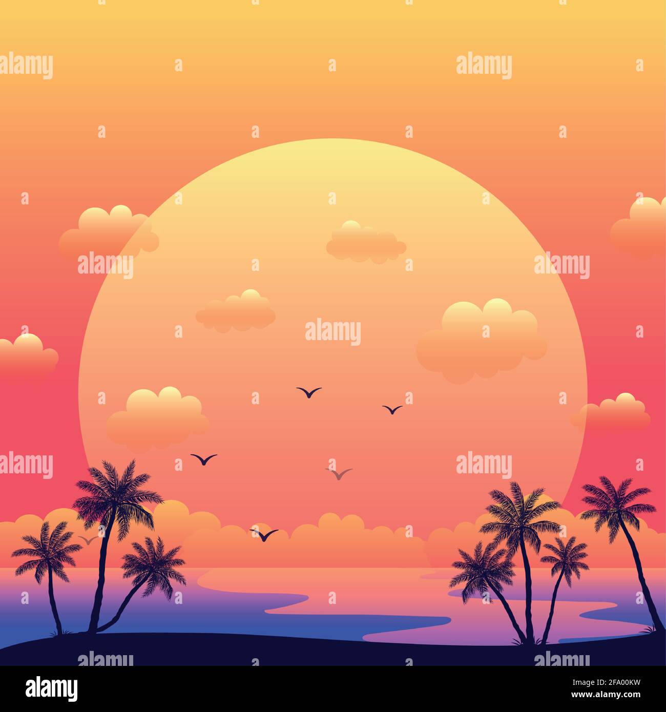 Realistic sea sunset on the background of palm trees - Vector ...