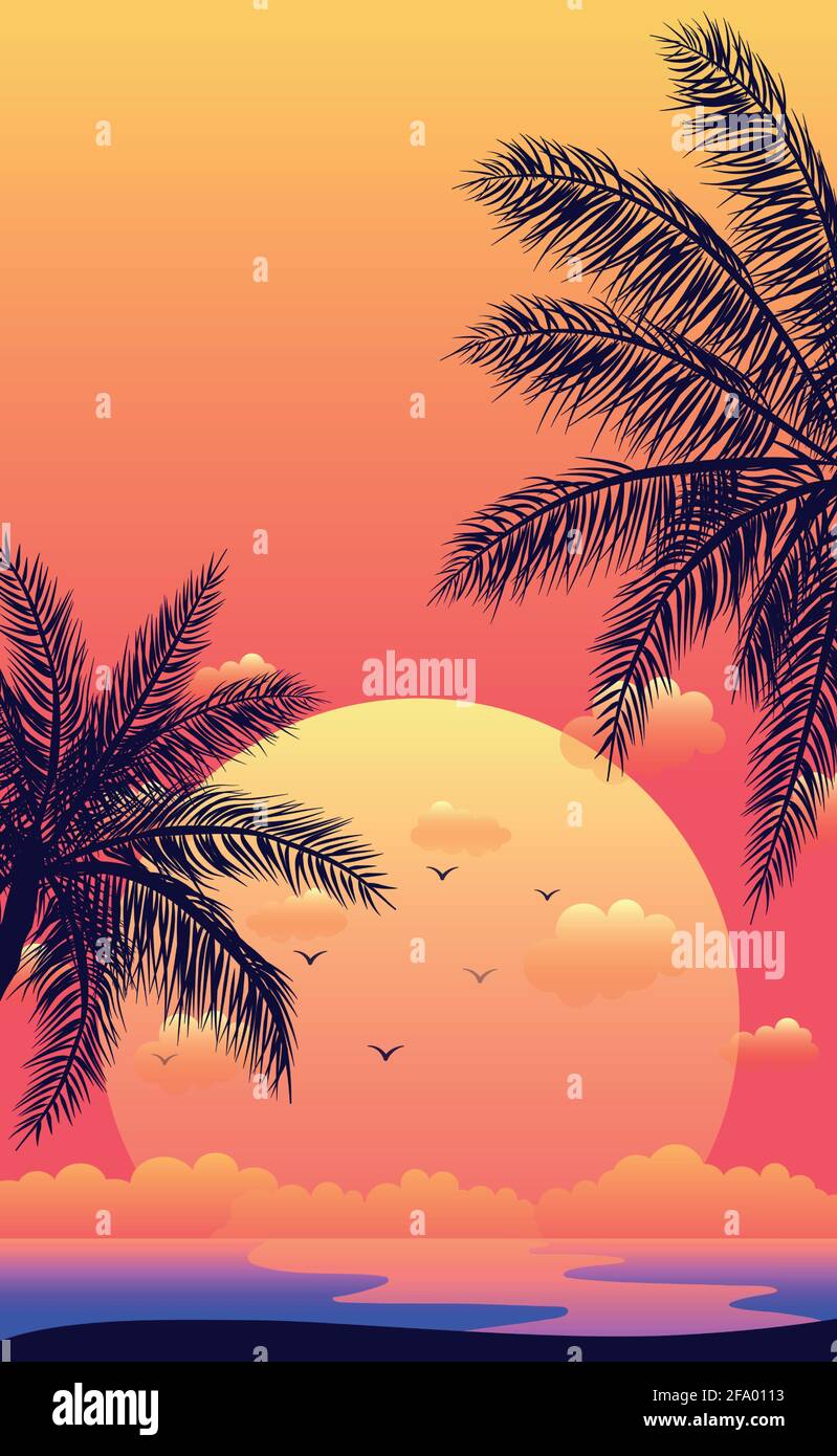 Realistic sea sunset on the background of palm trees - Vector ...
