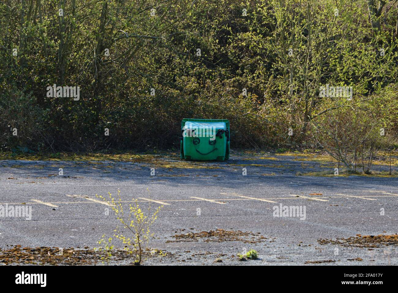 Happy, smiling wheelie bin in the car park of the disused Ferodo