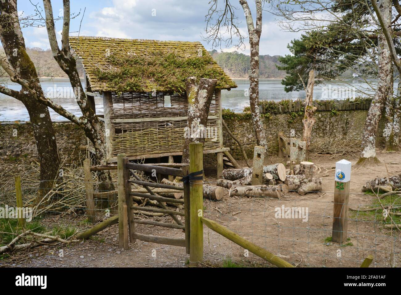 A rustic bird hide and lookout allows walkers to see over the wall, when enjoying the Wales Coast Path and Glan Faenol wildlife and woodland walk, to Stock Photo