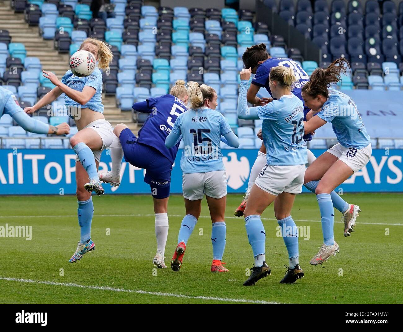 Manchester, England, 21st April 2021. Sam Kerr of Chelsea heads the opening goal during the The FA Women’s Super League match at the Academy Stadium, Manchester. Picture credit should read: Andrew Yates / Sportimage Credit: Sportimage/Alamy Live News Stock Photo
