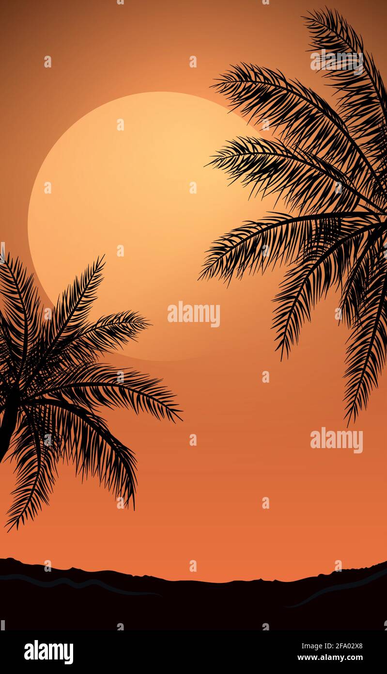 Realistic sea sunset on the background of palm trees - Vector ...