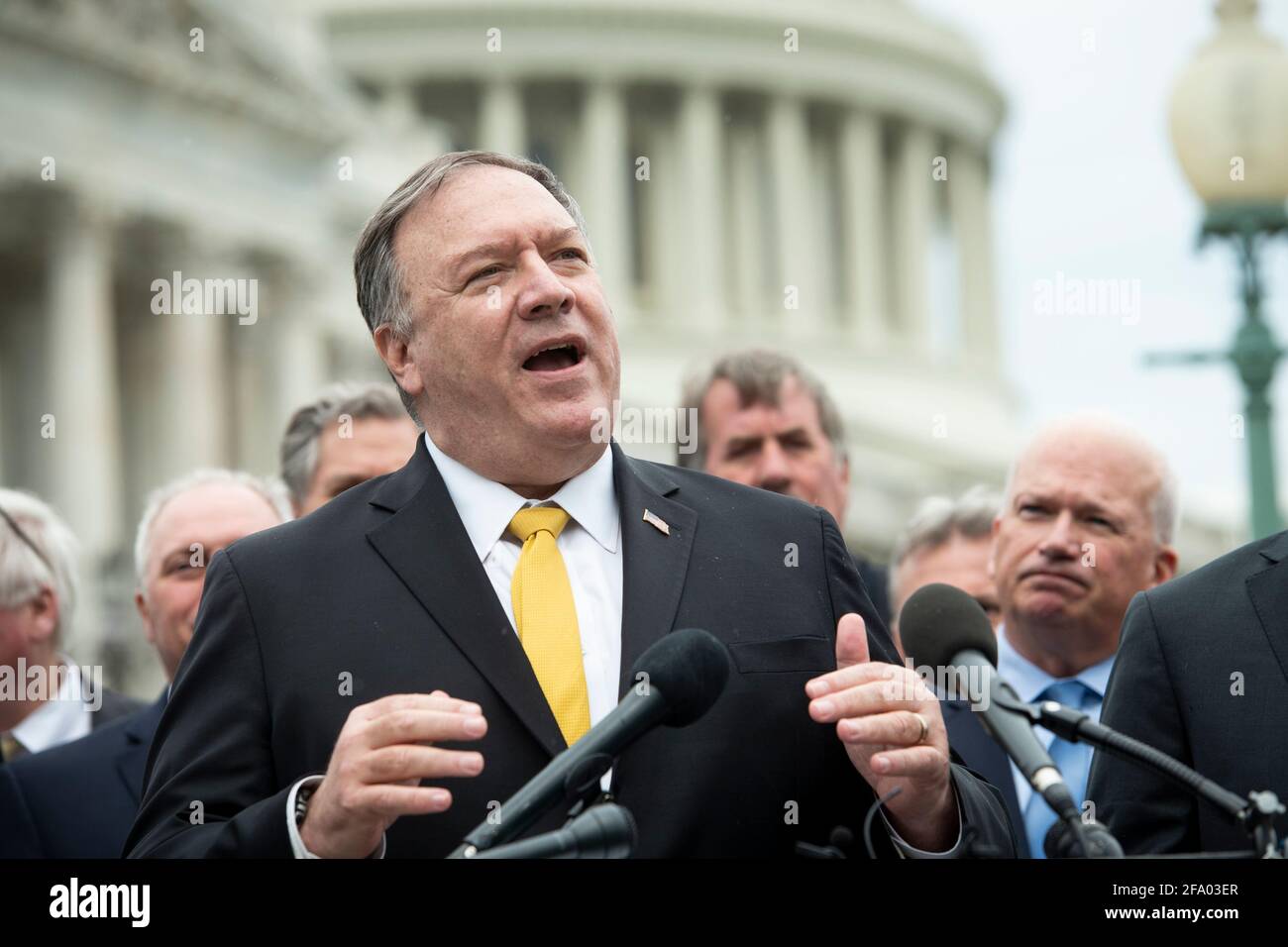 Former US Secretary of State Mike Pompeo, offers remarks while joined by members of the Republican Study Committee to introduce their Maximum Pressure Act against Iran, outside of the US Capitol in Washington, DC, Wednesday, April 21, 2021. Credit: Rod Lamkey/CNP | usage worldwide Stock Photo