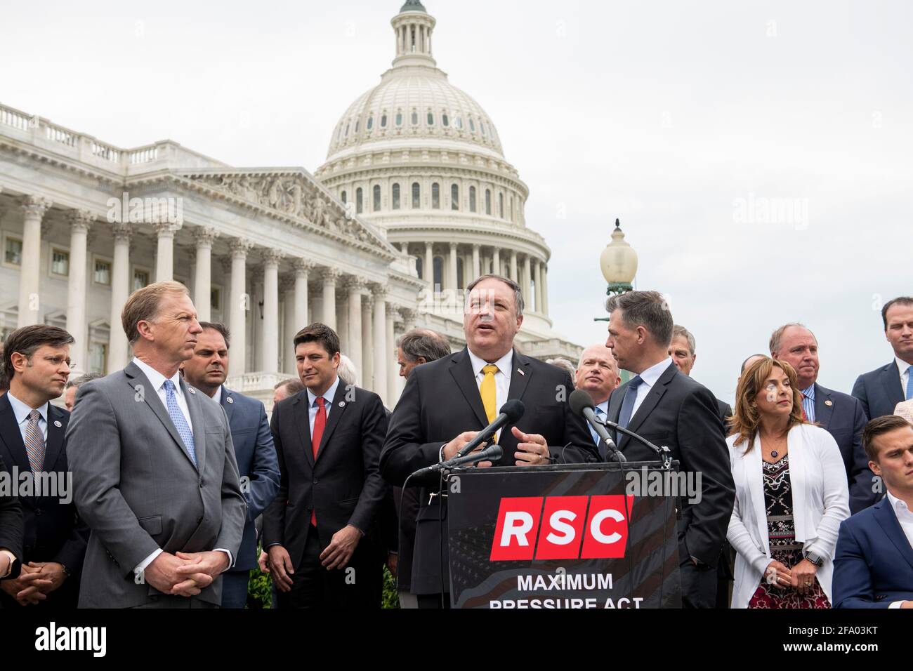 Former US Secretary of State Mike Pompeo, offers remarks while joined by members of the Republican Study Committee to introduce their Maximum Pressure Act against Iran, outside of the US Capitol in Washington, DC, Wednesday, April 21, 2021. Credit: Rod Lamkey/CNP | usage worldwide Stock Photo