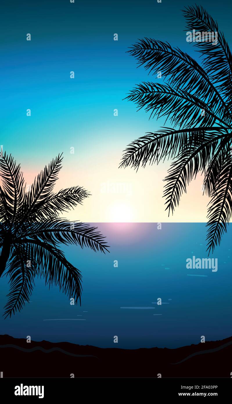 Realistic sea sunset on the background of palm trees - Vector ...