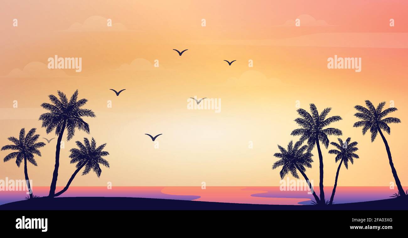 Realistic sea sunset on the background of palm trees - Vector ...