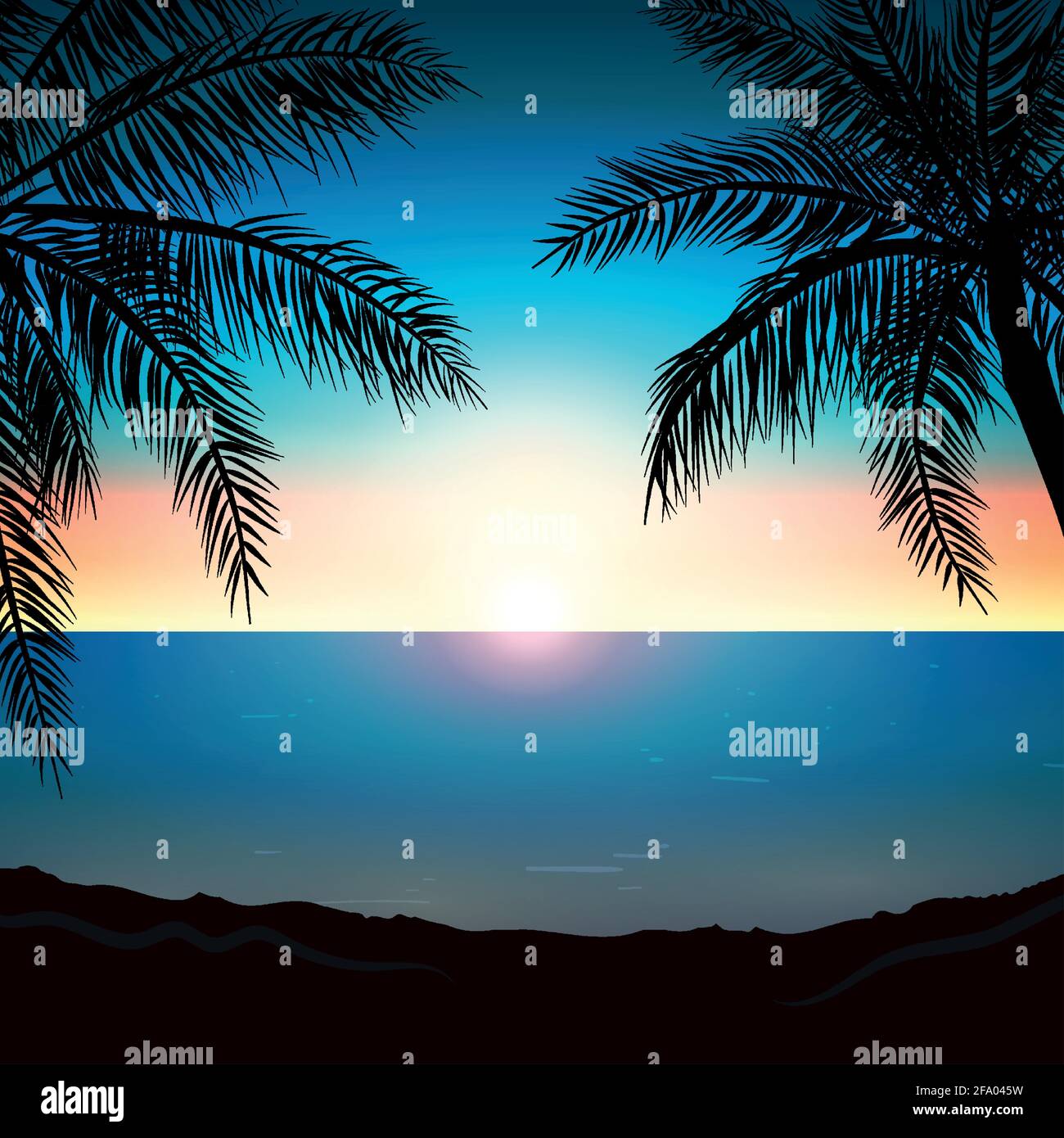 Realistic sea sunset on the background of palm trees - Vector ...