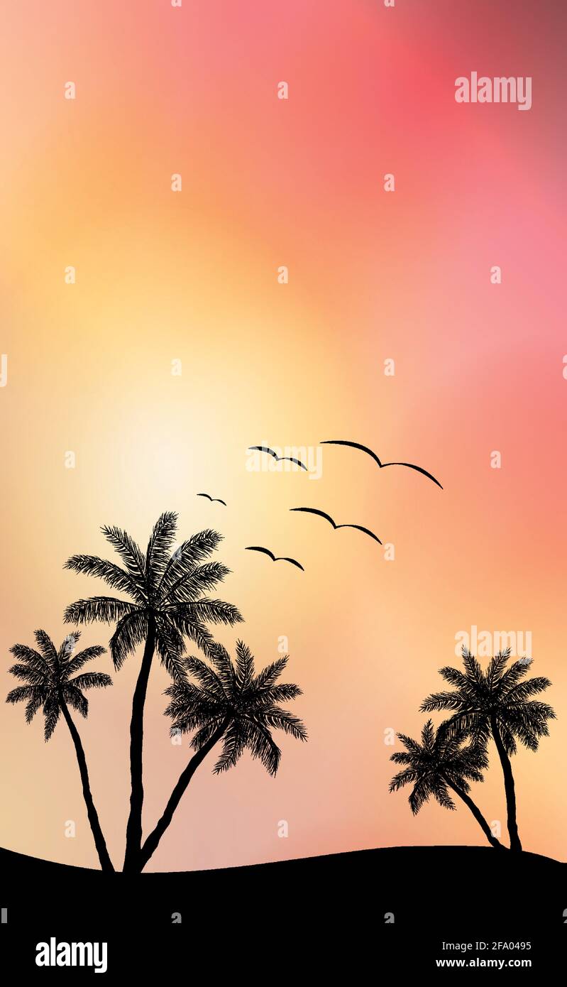 Realistic sea sunset on the background of palm trees - Vector ...
