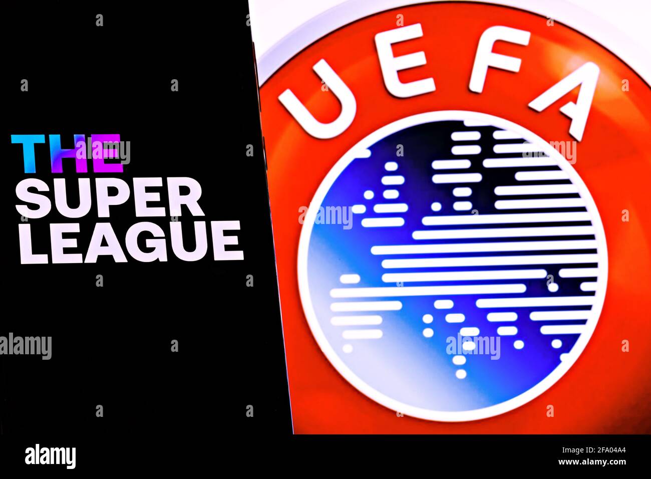 Editorial photo on The Super League versus UEFA  theme.  Selective focus photo. Illustrative photo for news about The Super League and UEFA confrontat Stock Photo