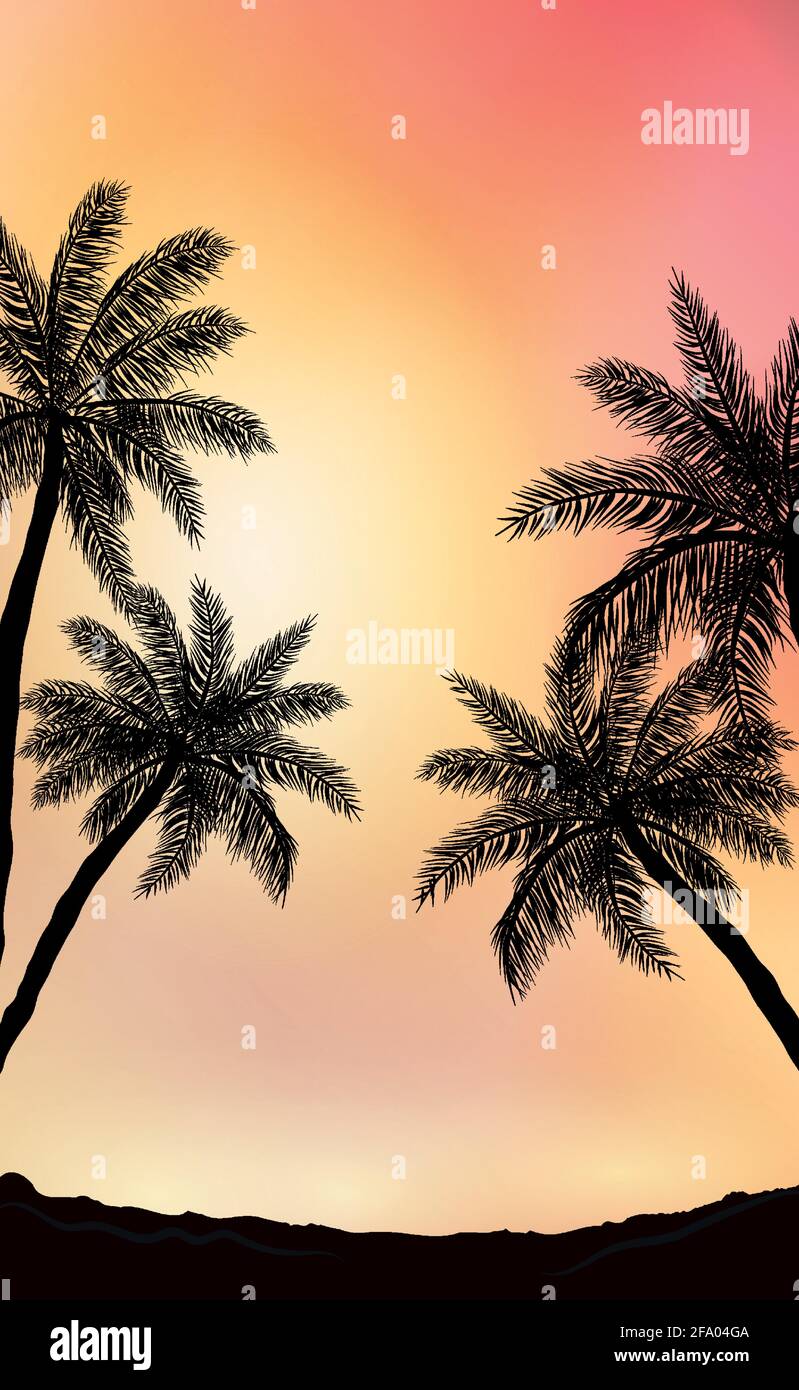 Realistic sea sunset on the background of palm trees - Vector ...