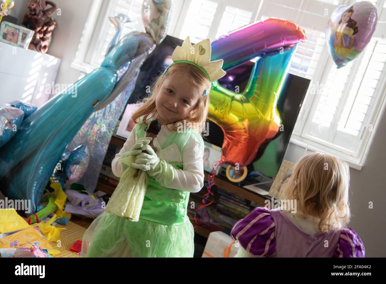 4 yr old birthday at home during isolation, UK Stock Photo