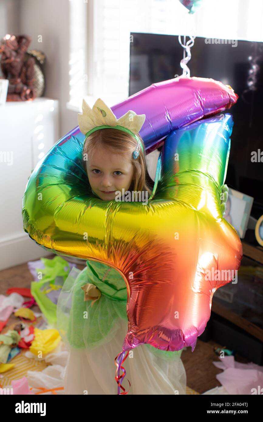 4 yr old birthday at home during isolation, UK Stock Photo