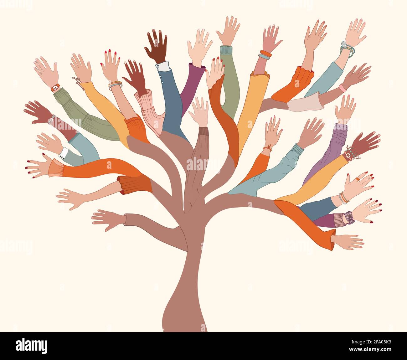 Group of hands of diverse and multi-ethnic people.Tree with branches made of human hands and arms.Community concept - racial equality - cooperation - Stock Vector