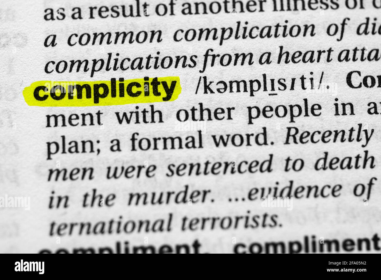 Highlighted word complicity concept and meaning. Stock Photo