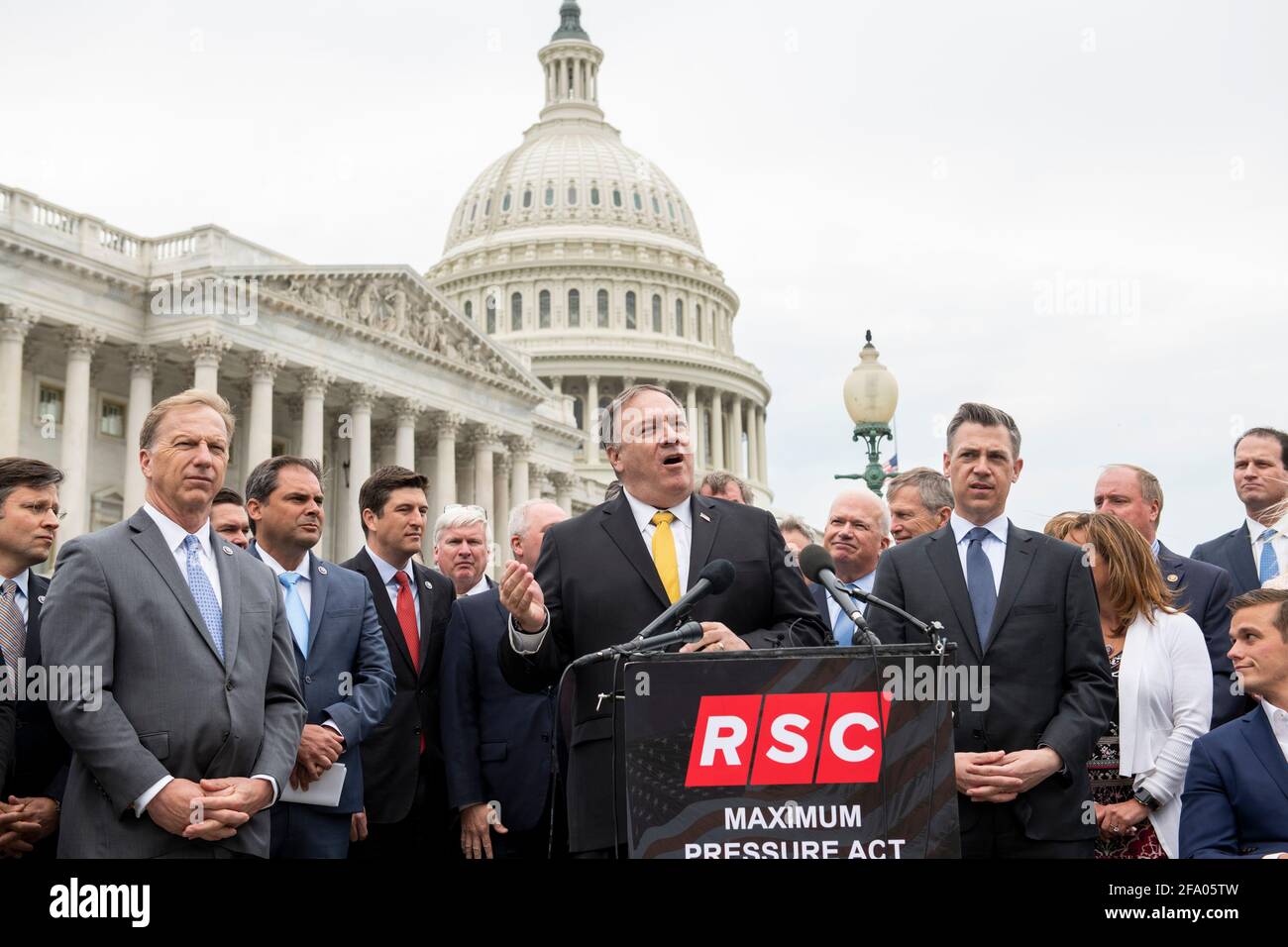 Former US Secretary of State Mike Pompeo, offers remarks while joined by members of the Republican Study Committee to introduce their Maximum Pressure Act against Iran, outside of the US Capitol in Washington, DC, Wednesday, April 21, 2021. Credit: Rod Lamkey/CNP /MediaPunch Stock Photo