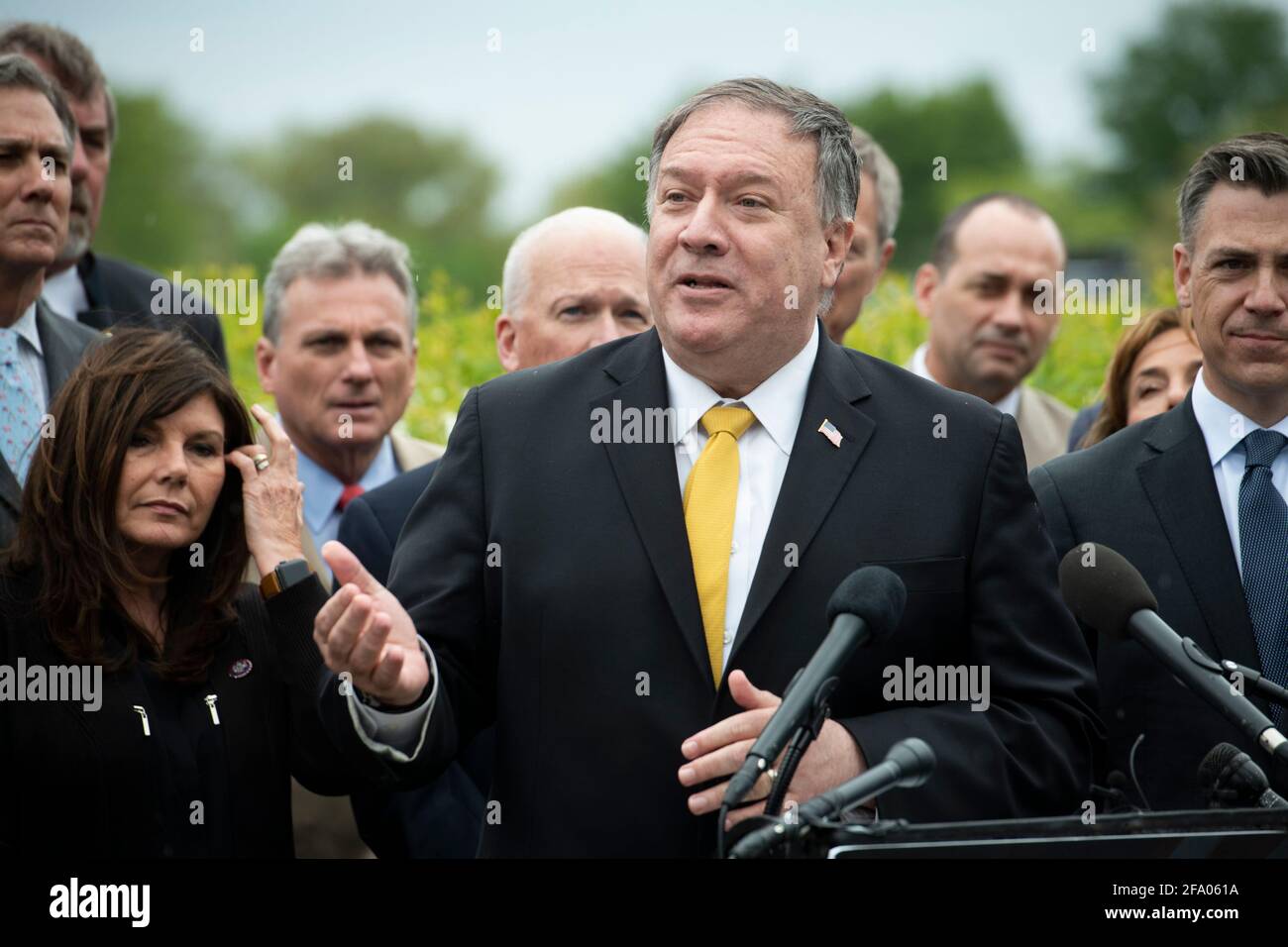 Former US Secretary of State Mike Pompeo, offers remarks while joined by members of the Republican Study Committee to introduce their Maximum Pressure Act against Iran, outside of the US Capitol in Washington, DC, Wednesday, April 21, 2021. Credit: Rod Lamkey/CNP /MediaPunch Stock Photo