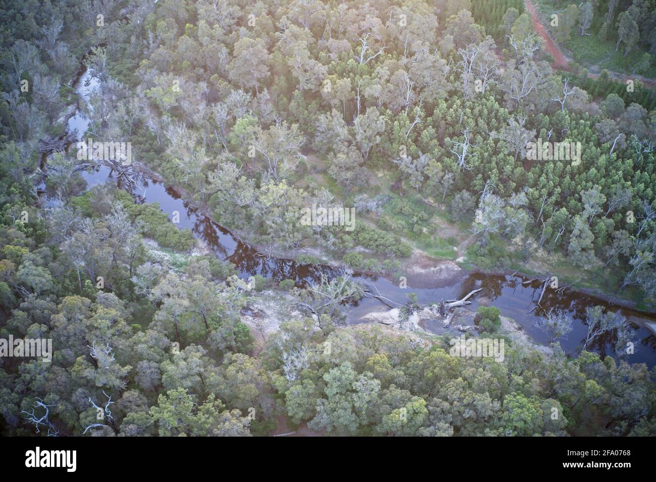 Drone view of river winding through forest Balingup, Western Australia. Stock Photo