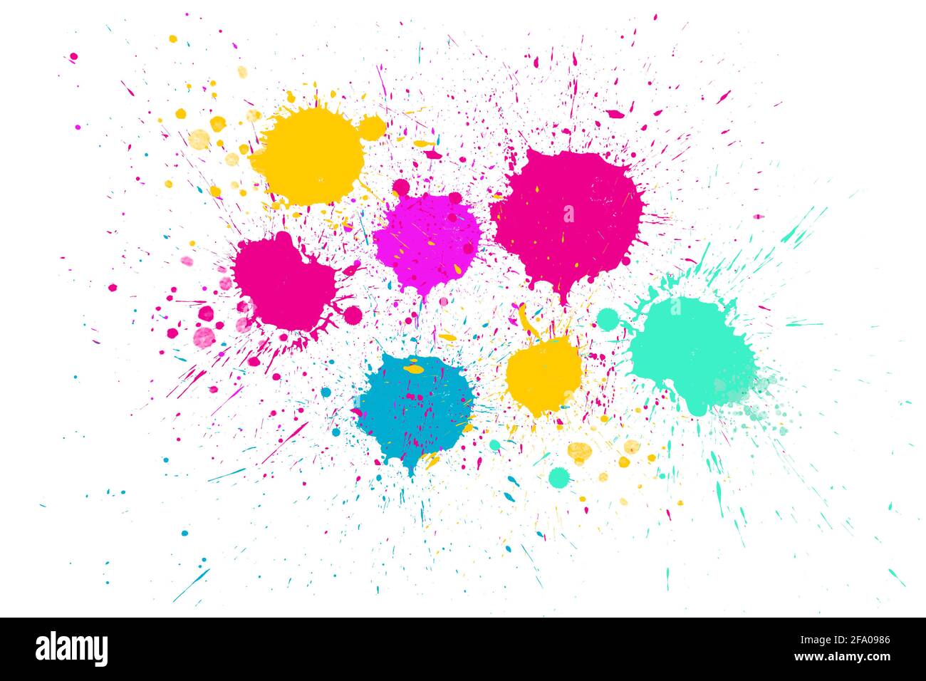 Red, Yellow, pink, blue and green ink splashes with stains. Abstract backdrop isolated on white background. Computer generated image. Stock Photo