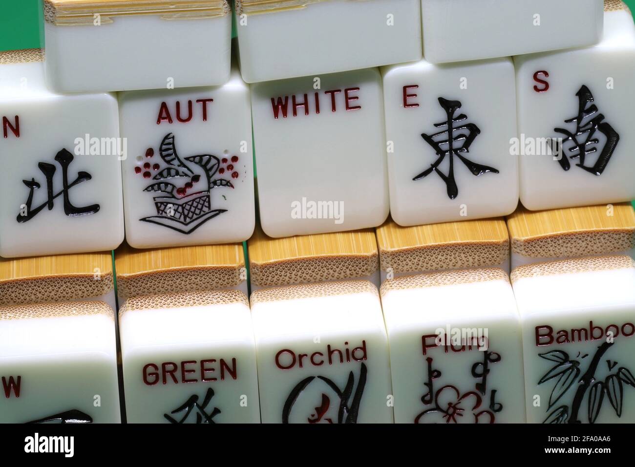 Vintage Bone and bamboo Mahjong or mah-jongg playing tiles in box.  Background Stock Photo - Alamy