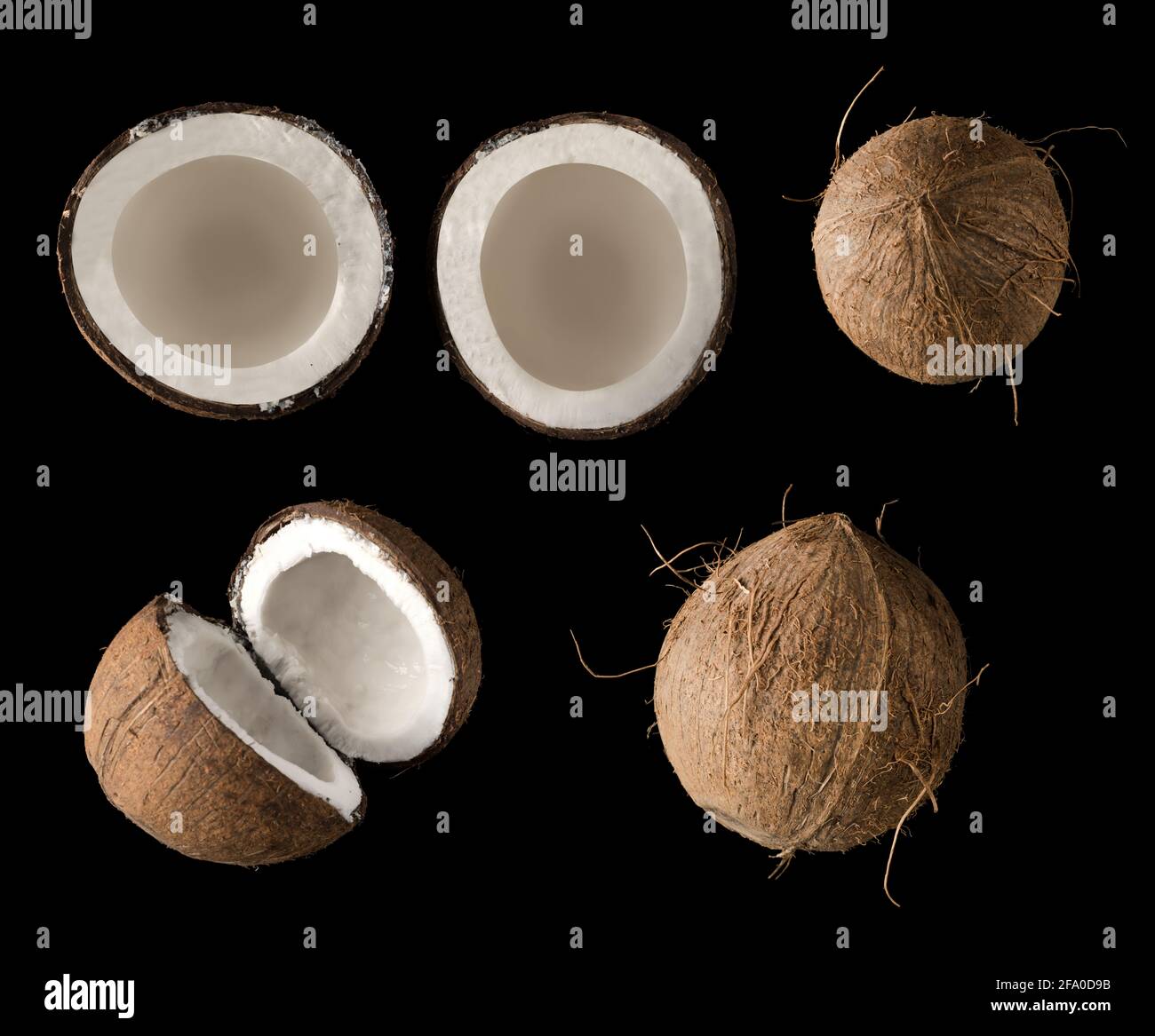 Coconut divided into two equal parts, view from the top, on a black background, collage Stock Photo