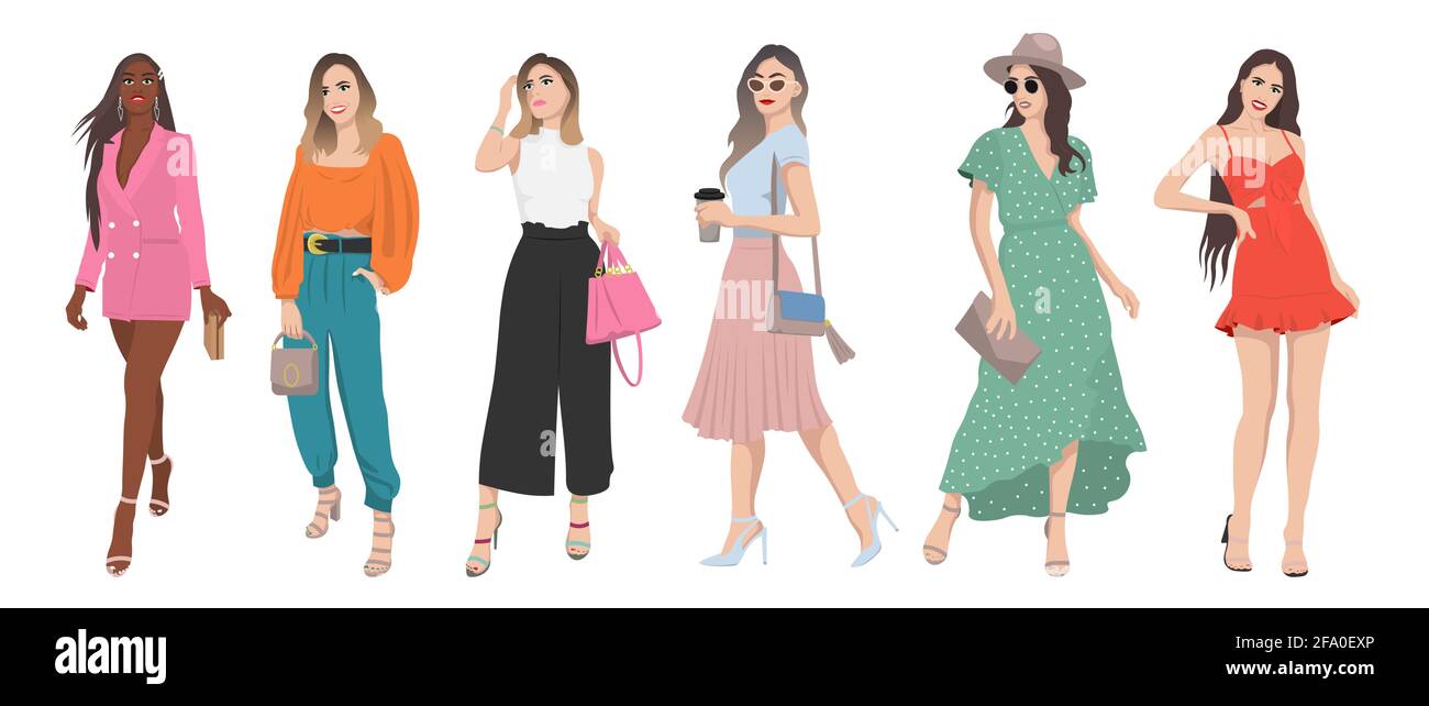 Set of women dressed in stylish trendy summer spring clothes 2021 - fashion street style Stock Vector