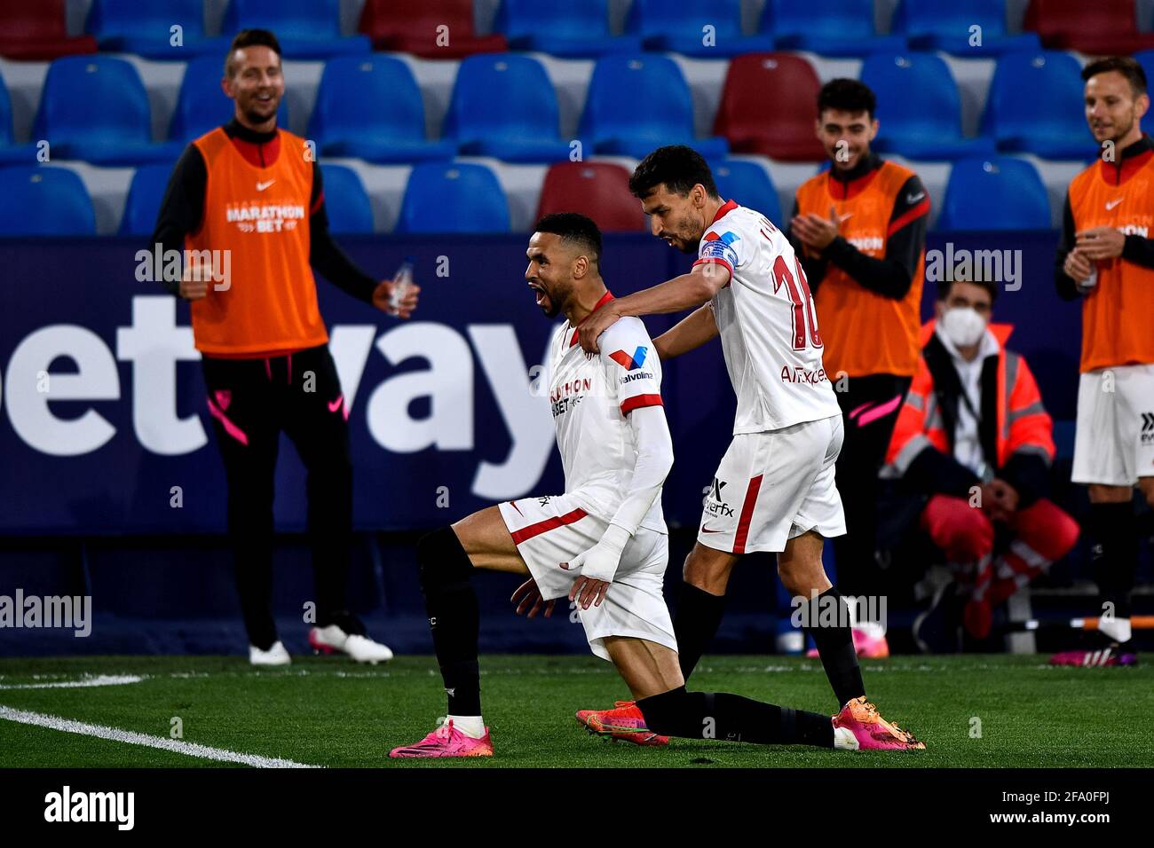 VALENCIA, SPAIN - APRIL 21: Youssef En-Nesyri of Sevilla FC celebrates with Jesus Navas of Sevilla FC after scoring his sides first goal during the La Stock Photo
