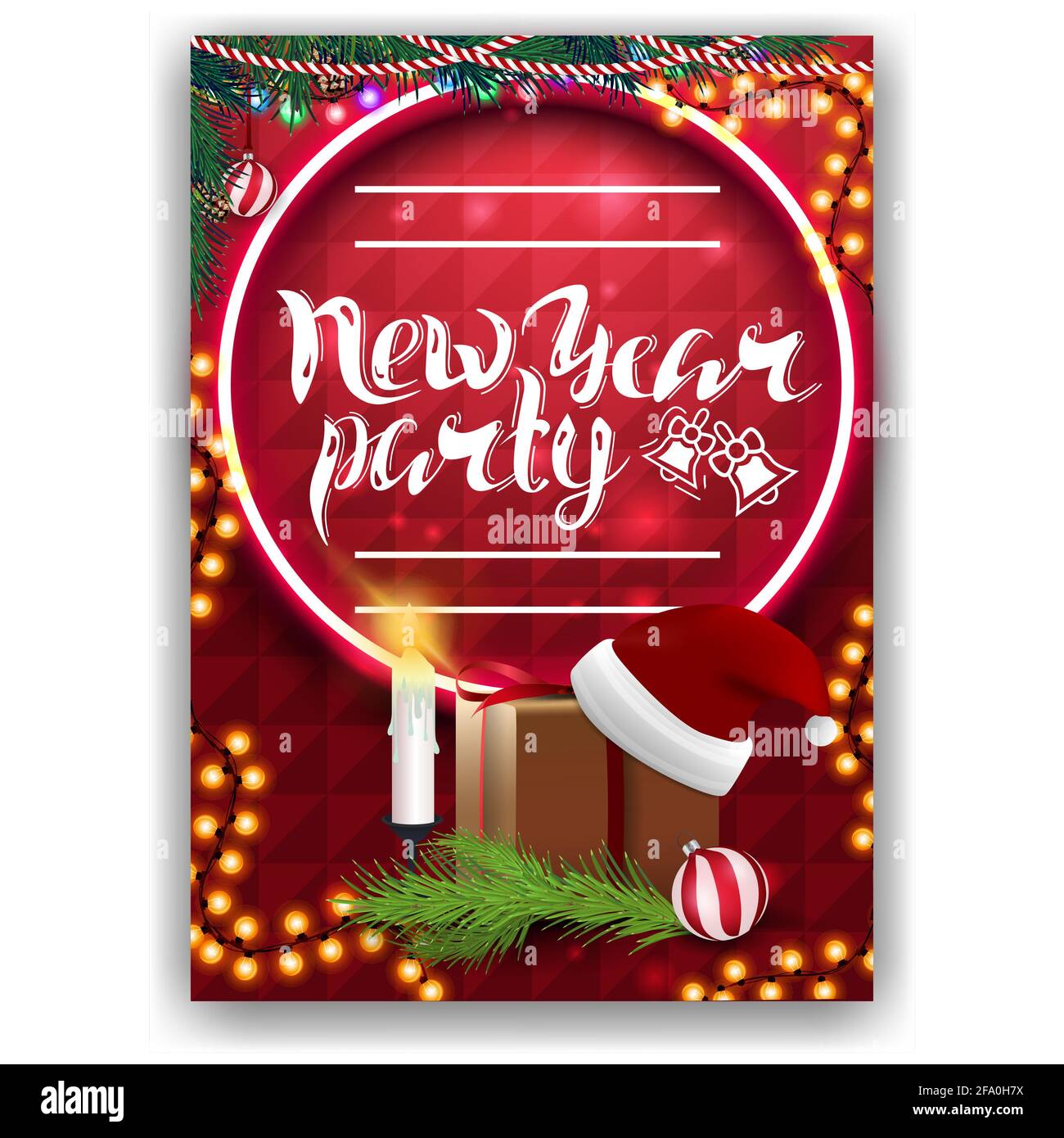 Poster for New Year party. Red template with orange frame garland, Christmas tree branch, gift with Santa Claus hat, candles, Christmas tree branch an Stock Photo