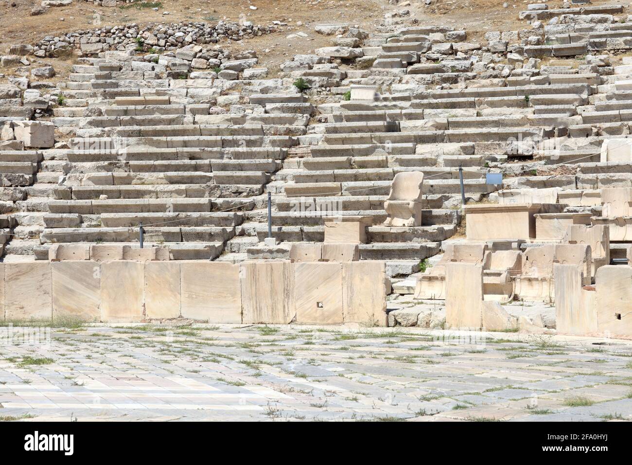 Remains of seats in Theater of Dionysus near Acropolis, Athens, Greece Stock Photo