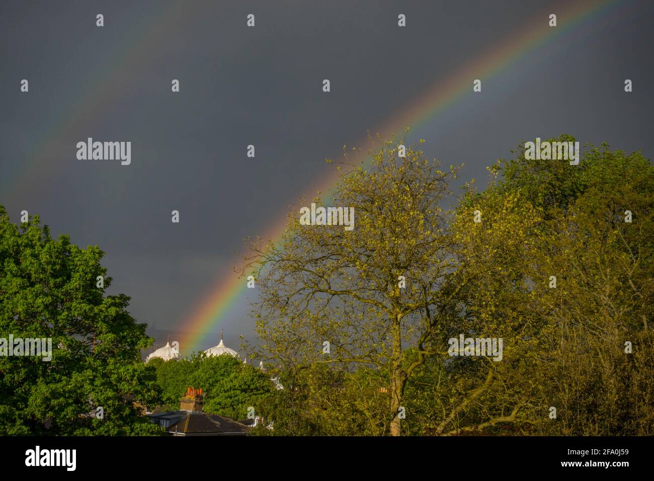 Rainbow over the Sikh Temple in Gravesend Kent, from Windmill hill Stock Photo