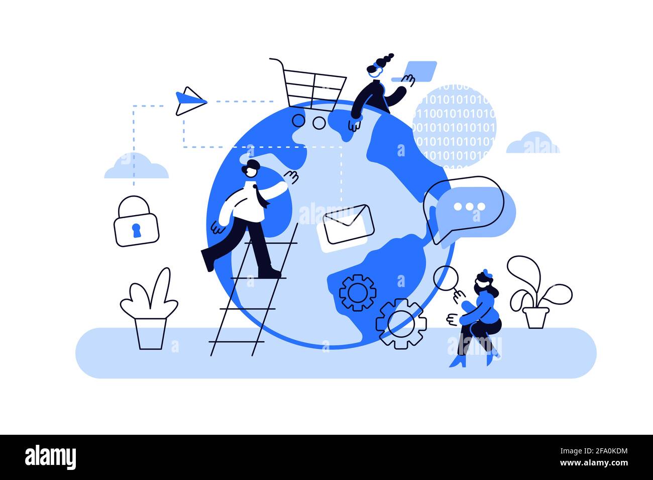 Earth globe with communicating people on white background Stock Vector