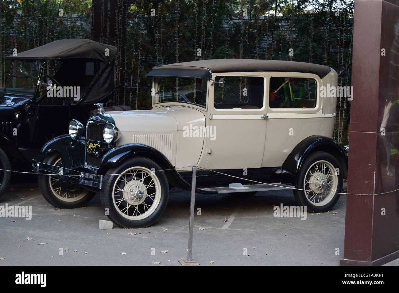 Front view of a parked Old Classic antique black and off white cream color custom rendition 1927-1931 Ford Model A. Vintage luxury auto. Kharkov, Ukra Stock Photo